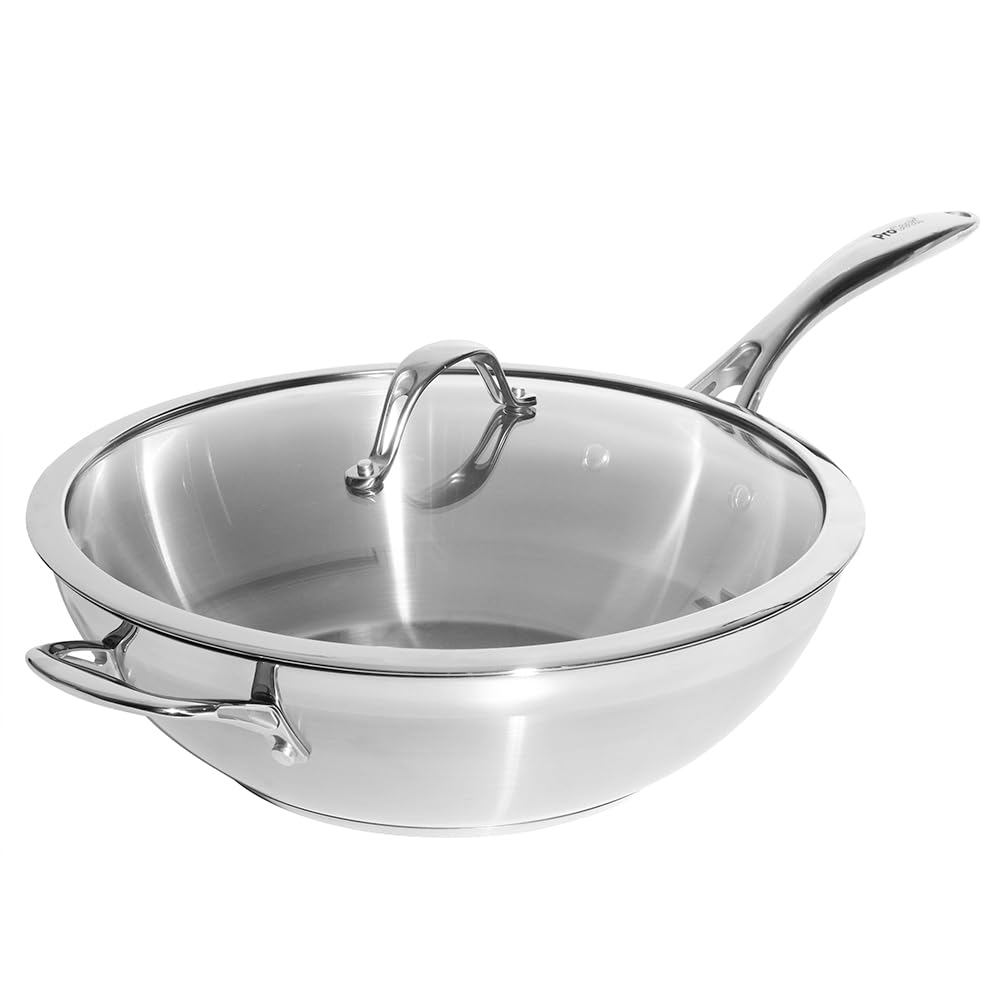 Professional Stainless Steel Wok with Lid Uncoated Induction & Oven Safe Pans Heavy Duty Cooking Pots - 30cm
