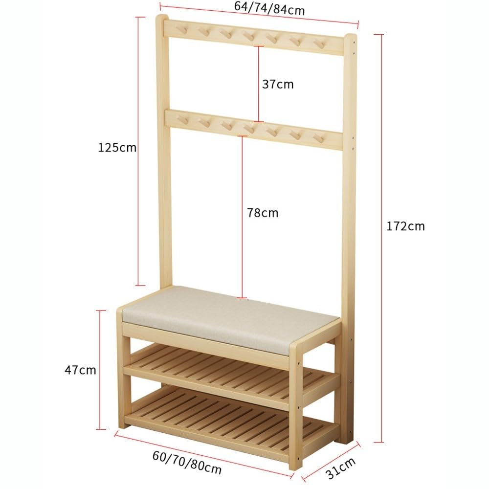 Stand Appendiabiti da Terra, Appendiabiti con Scarpiera, Appendiabiti in Legno con 5 Ganci e Scarpiera, Mobile da Ingresso con Panca, Portabiti per Salotto e Soggiorno - 60/70/80CM