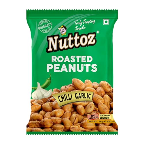 Image of Nuttoz Roasted Peanut Chilli Garlic - Pack of 2 (140gm each) | Jumbo Roasted Moongfali | Non Fried Ready to Eat Healthy Snack | Crunchy Snack and Namkeen