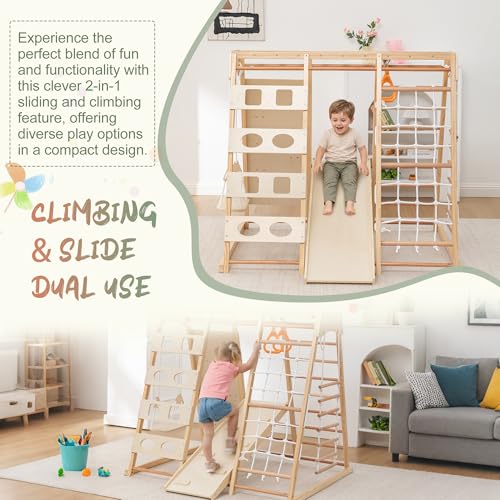 Image of 9-in-1 Toddler Indoor Jungle Gym & Playground Set, Wooden Climbing Toy with Slide, Swing, Climbing Net, Rings - Montessori-Inspired Kids Playset for Indoor Fun & Development, Ages 3-8