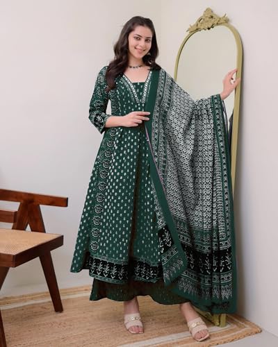 Image of ANNI Designer Women's Pure Cotton Anarkali Kurta Set for Women with Dupatta & Plazzo - Hand Block Print Suit Set | Stylish Dress | Cotton Kurta Set for Women