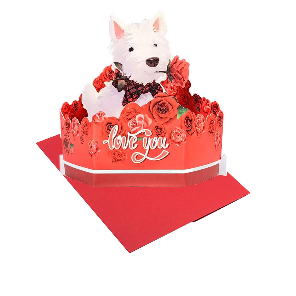 3D Pop-Up Cute Card with West Highland Terrier Dog Holding Rose & Envelope – Gift for Dog Mom,Dog Lovers, Him, Her, or Couples for Romantic Birthday, Mother's Day, Father's Day, Love, Valentine's Day, Anniversary