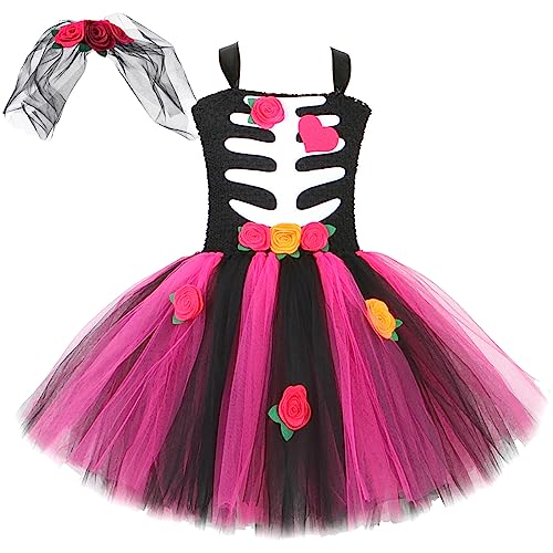 Vestido de noche para niña de Halloween, sin mangas, estampado floral, tul, fiesta, vestido de noche, disfraz para niños, ropa de moda, joyería alternativa, Negro , 3-5 años