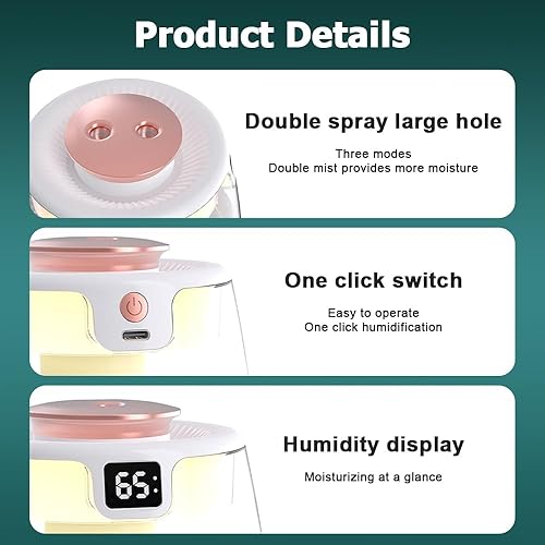 Miniatura 2 de DONGKER Humidificador de doble pulverización, humidificador de pantalla digital USB silencioso de 1 litro con 2 modos de niebla y luz nocturna para