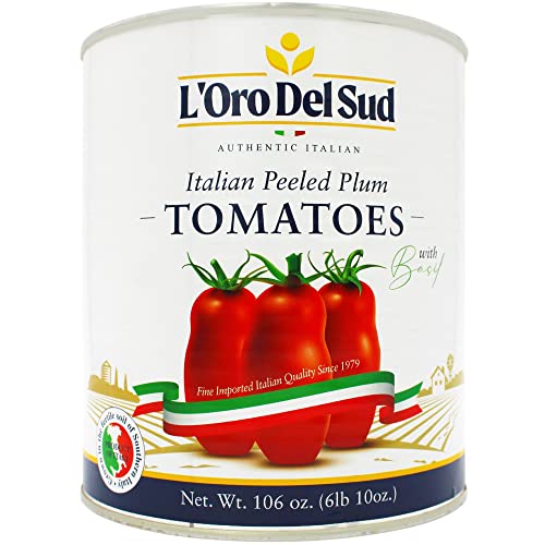 L’Oro Del Sud Italian Whole Peeled San Marzano Style Plum Tomatoes in Tomato Puree with Basil – Authentic Italian Flavor, Perfect for Pasta Sauce, Pizza & Cooking, Large 3.4 kg (106 oz) Can, Product of Italy