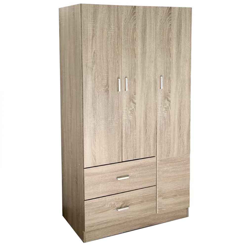 Armadio Guardaroba - 3 Ante, 2 Cassetti, Ripiani, Appendiabiti Alto, Maniglie, Struttura in Legno Truciolare, Spazioso, Salvaspazio, Cabina Armadio Grande - 120 x 52 x 190 cm (Rovere)
