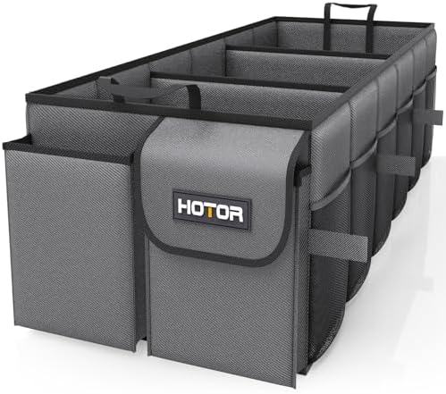 HOTOR Foldable Trunk Organizer - SUV & Sedan Compatible, 3 Compartments, Grey, 31.9"12.6"10.6" Sturdy Car Organization for Accessories, Tools, Sundries