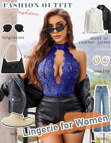 Image of Avidlove Lingerie for Women Halter Lace Bodysuit V Neck Teddy One Piece Babydoll Nightgown