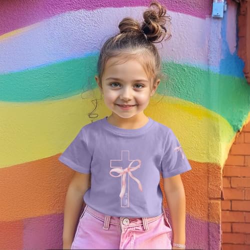 Image of Girls Cute Christian Shirts Kids Pink Bow Shirt Jesus God Faith Tshirts Aesthetic Cross Bible Verse Graphic Tee Tops