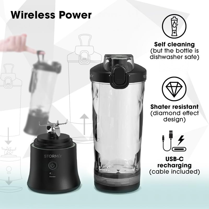 STORMIX BLENDER – Blender Portable Sans Fil – 6 Lames Acier Inoxydable – 150W Puissant & Rapide – Smoothies, Shakers, Glace Pilée – 600ml – USB-C Rechargeable – Auto-Nettoyage – Design Élégant
