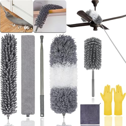 La Mejor Selección de Plumeros para comprar online. 44 7 en 1 Plumero de Limpieza, Plumeros de Microfibra con Extensible 2.5m Palo de Ajuste, Sacudidor de Polvo Lavable, reutilizable y extraíble, para limpiar Ventiladores de Techo,...