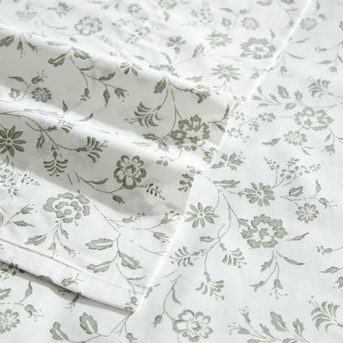 Image of Laura Ashley - Full Size Sheet Set, Crisp & Lightweight Cotton Percale Bedding with Fitted Sheet and Pillowcases, Floral Room Decor, Deep Pocket, College Dorm Room Essentials (Miranda Green)