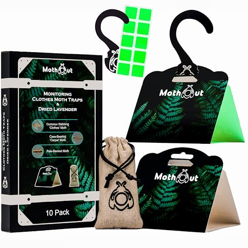 MothOut 10 Pheromone Clothes Moth Traps Carpet Moth Trap + Lavender Freshener + 10 Glowing Pads + eBook with Moths Prevention & Protection Techniques Cloth Moths Monitoring Traps Detecting Activity