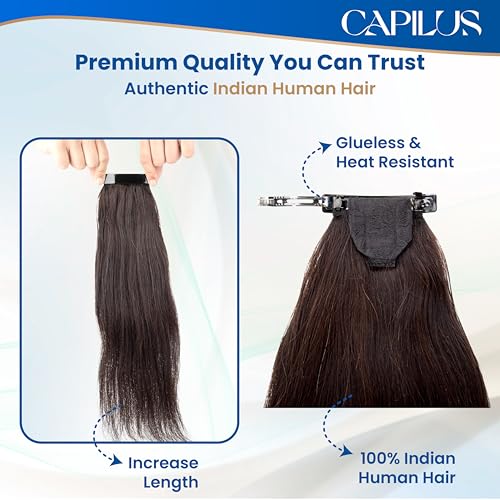 Image of Capilus Flat Clip-In Ponytail Hair Extensions (Brown, 14 Inch) | 100% Natural Human Hair | Changeable Clip | Instant Volume & Length | Original Human Hair Ponytail Extension for Women
