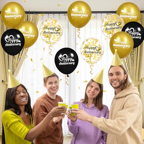 Happy Anniversary Balloons 18Pcs Black Gold Anniversary Party Decorations for Women Men Gold Silver 12Inch Metallic Confetti Anniversary Balloons for Indoor Outdoor Party Supplies - Image 4