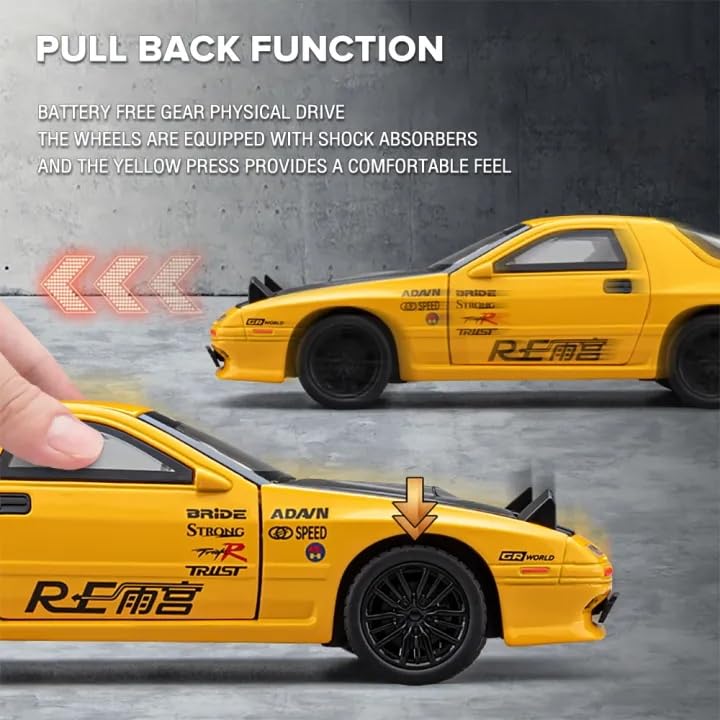 Image of Invite 1:32 Scale Mazda RX-7 Diecast Model Car with Sound & Light, Alloy Pull Back Toy Car, Openable Doors, Collectible Mini Car Gift for Kids Boys Girls (1:32 Mazda RX-7[Yellow])