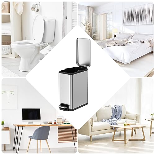 Image of BETHEBEST Small Bathroom Trash Can with Lid,2.6 Gallon Rectangular Satinless Steel Garbage Can Removable Wastebasket for Bedroom,Bathroom,Silver (with 120 Count Garbage Bag)