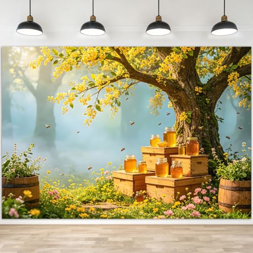 ASDCXZ 5x4ft Spring Honey Bee Backdrop, Tree Forest Photography Background, Rustic Wooden Beehives & Honey Jars, Natural Farmhouse Party Decor, Photo Booth Props for Baby Shower Birthday Studio