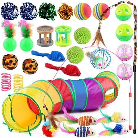 Qoosea Cat Feather Toys 32PCS Interactive Kitten Toys Assortments Includes 2 Way Rainbow Tunnel Cats Teaser Feather Wand Crinkle Balls Bells Toys Colorful Mice for Indoor Kittens Cats Playing