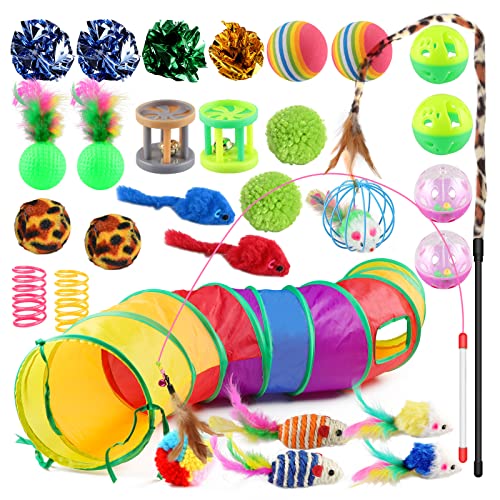 Qoosea Cat Feather Toys 32Pcs Interactive Kitten Toys Assortments Includes 2 Way Rainbow Tunnel Cats Teaser Feather Wand Crinkle Balls Bells Toys Colorful Mice For Indoor Kittens Cats Playing #TOP19