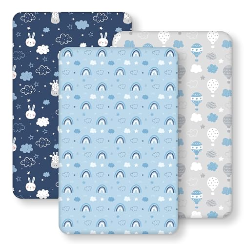Image of Baby Bedside Bassinet Sheets Fitted, 33 inchx20 inch Compatible with Baby Delight Dream On Me & Most Rectangle Bedside Sleeper Bassinet Mattresses, Super Soft Microfiber Blue Cloud Animal