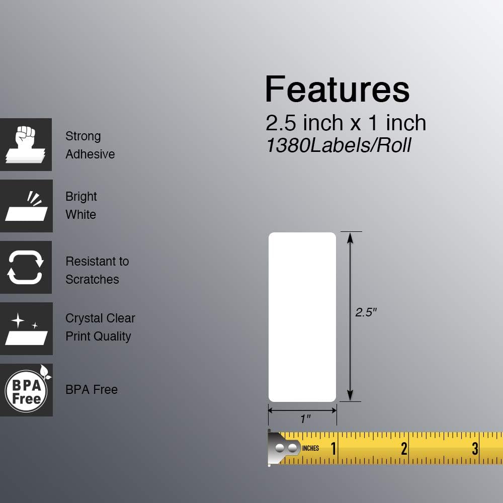 BETCKEY - 2.5" x 1" (64 mm x 25 mm) Multipurpose & Barcode Labels Compatible with Zebra & Rollo Label Printer,Premium Adhesive & Perforated [10 Rolls, 13800 Labels] - Image 2