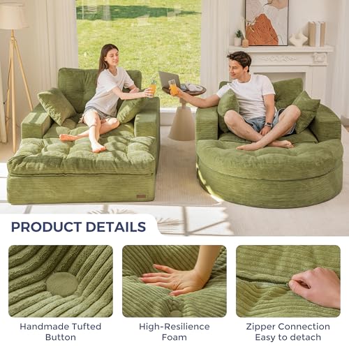 Image of MAXYOYO Modular Sectional Chaise Lounge Sofa, 2 Sets Upholstered Lounge Chair with Ottoman, Comfy Round+ Square Couch with Layered Cushion, Tufted Sleeper Chair for Living Room, No Assembly, Green
