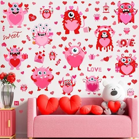 Haull 89 Pcs Valentine's Day Wall Decals Monster Stickers Valentines Day Window Clings Valentine Heart Wall Decoration for Wedding Anniversary Living Room Bedroom Decoration, 6 Sheets Cover
