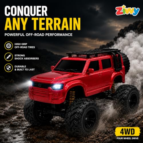 Image of Big Red Remote Control Car Toy | Defender | Smoke and LED Light | Monster Truck Remote Control 4x4 | Rechargeable Car | 2.4G Remote Control | High Speed | 100m Range | Birthday Gift for Kids