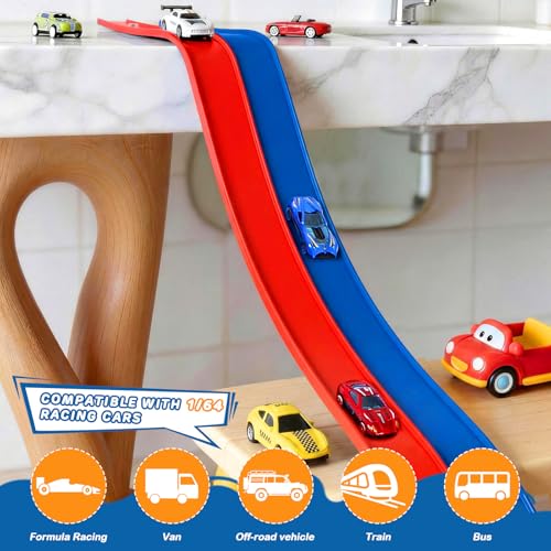 Image of Flexible Race Car Track 6.5 Ft Starter Set with Suction Cups Diecast 1 /64th Car for Ages 3 & Up Track Long Rolls Up Portable (6.5Ft Blue&Red)