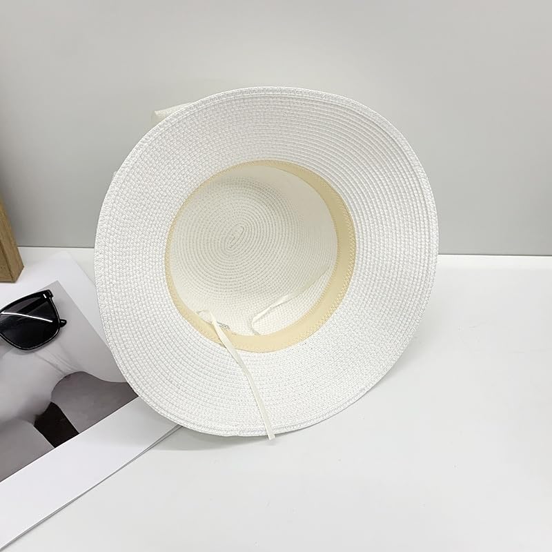 Sombrero de ala Ancha para Mujer,Plegable,de Paja,con Lazo de Perla,Ajustable,Ligero y Transpirable,para Playa,para Caminar,Pescar y Viajar