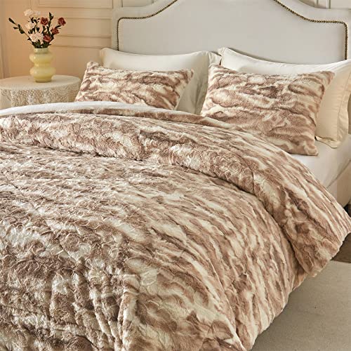 Wajade Faux Fur Comforter Set Full Size, 3 Pieces Ultra Soft Marbled Beige Fluffy Comforter Set Marble Print Furry Bedding Set For All Seasons, 1 Plush Comforter Set+2 Pillow Covers #TOP3