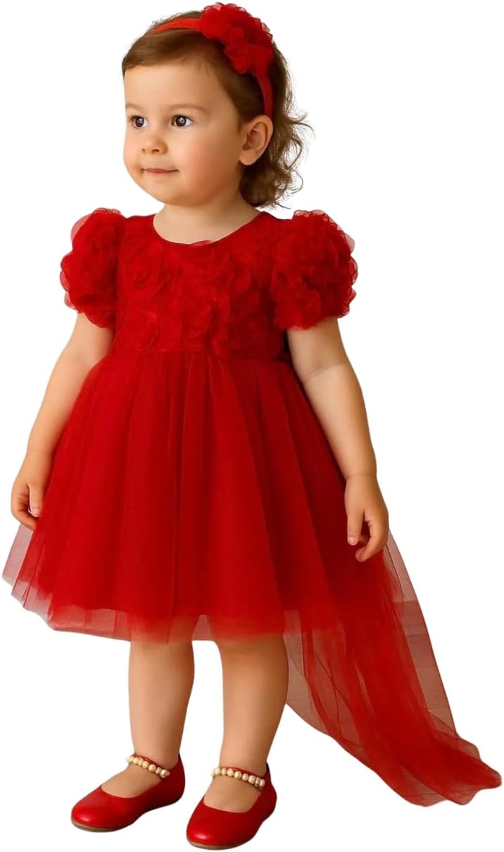 Kız Çocuk Elbise, Pembe, 3D Güllü Tül Etek, Balon Kol, Doğum Günü ve Özel Günler için, 1-5 Yaş