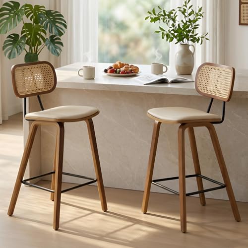 Ya-Home Chaise de Bar en Bois et Rotin Tabouret Bar Moderne Lot de 2 Chaise Bar Vintage Coussin Cuir PU, Tabouret de Cuisine Confortable, Beige
