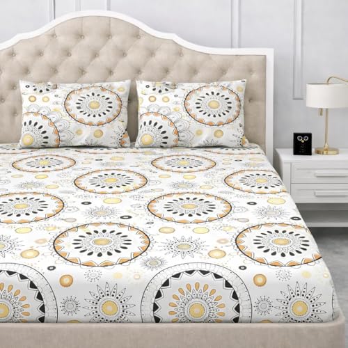 Image of 300 TC Cotton Feel Glace Cotton Elastic Fitted Bedsheet for King Size Double Bed | Fits up to 8 Inch Mattress | Printed Bedsheet with 2 Pillow Covers (Cream Brown, Double Size - 72 inchx72 inch)