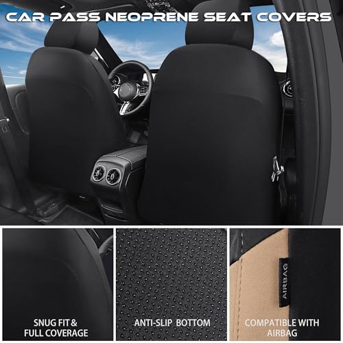 Image of CAR PASS Waterproof Black Beige Car Seat Covers Front Seat Covers Neoprene Wetsuit,All-Weather Non-Slip Durable,Universal Fit for SUV Sedans Trucks Automotive,Airbag Compatible,3D Emboss Black Beige