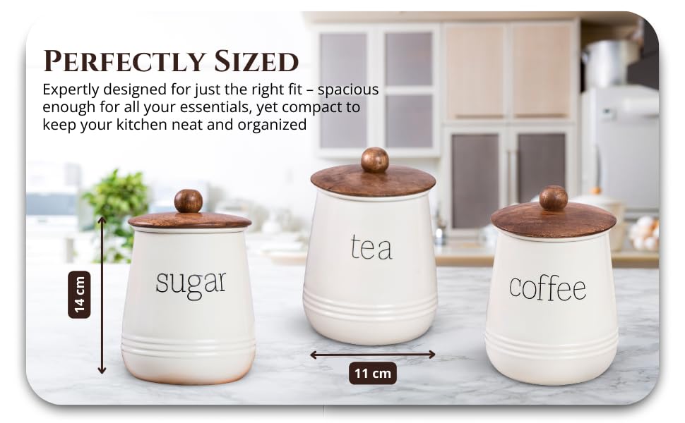 Image of Metallure Home Stylish Airtight Container Set | Sugar Tea Coffee Container Set of 3 | Metal and Wood Lid Canister for Kitchen Storage | Food-Safe Jar Set for Kitchen (Cream)