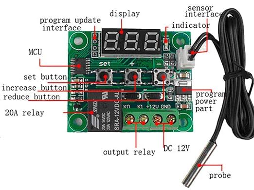 Image of W1209 Digital Temperature Controller Module with NTC Waterproof Sensor | DC 12V Thermostat Switch Relay Control Board | LED Display for Incubator, Aquarium, Greenhouse, Cooling