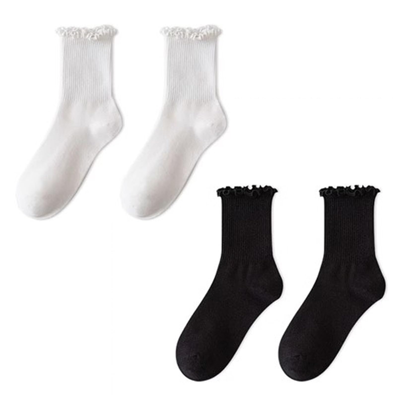 Calzini Donna Corti Set di Due Pezzi di Calze plissettate Tinta Unita da Donna, Calze di Media Lunghezza, CALZINO Donna(Black White)