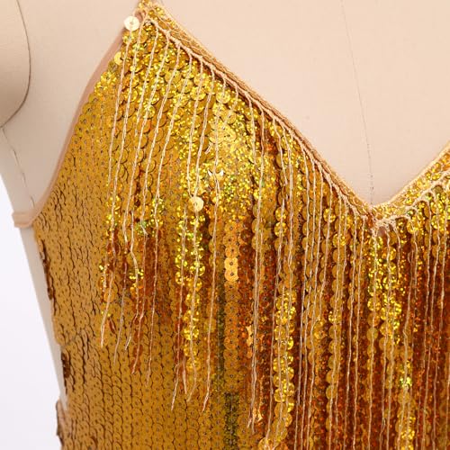 AFAVOM Sequin Fringe Bodysuit for Women Sparkly Tassel Leotard Jazz Latin Dance Dress Sexy Halter Backless Romper Music Festival Rave Party Costume Glitter Shiny Jumpsuit Dancewear Clubwear Gold XL — view 5