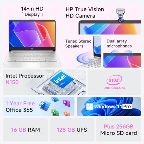 Image of HP 2026 14 inch Laptop Computer, Copilot AI, Intel N150, 16 GB RAM, 512 GB Storage(128GB UFS+256GB MSD+128GB UFD), 1-Year Office 365, WiFi 6, Ultra Light, Portable, Windows 11 Pro, Honey Lavender