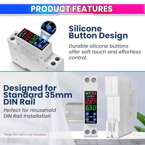 Image of amiciSmart 63A Adjustable Digital Voltage Protector with Dual Display | 18mm Ultra-Compact Over /Under Voltage & Over Current Protection | Auto Recovery | Single Phase | 230VAC (13.8kW)