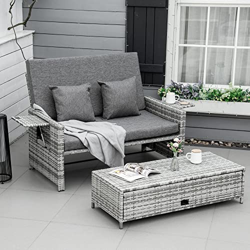 Outsunny 2 Piece Rattan Outdoor Daybed, Patio Furniture 2 Seater Sofa Set with Footstool, Storage, Cushions and Pillows for Garden, Patio, Mixed Grey - Image 3