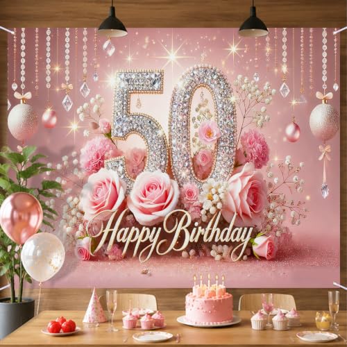 Image of Nuxovilar 50th Birthday Banner - Elegant Pink & Gold Floral Backdrop