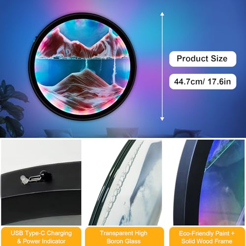 Image of Mtadmai17.6'' Moving Sand Art Liquid Motion Picture Rechargeable Battery Operated Wall Sconce 360 Rotate Color Changing Lamp Led Wall Art Sand Relaxing Craft for Bedroom Living Room Office-(Yellow)