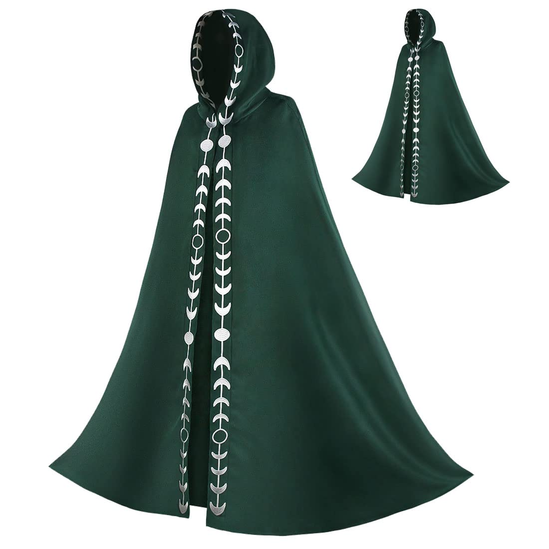 FMMOEK Unisex Moon Phases Embroidery Hooded Cloak Mysterious Medieval Renaissance Long Cape Witch Robe Cosplay Moon Costume(L-XL, green)