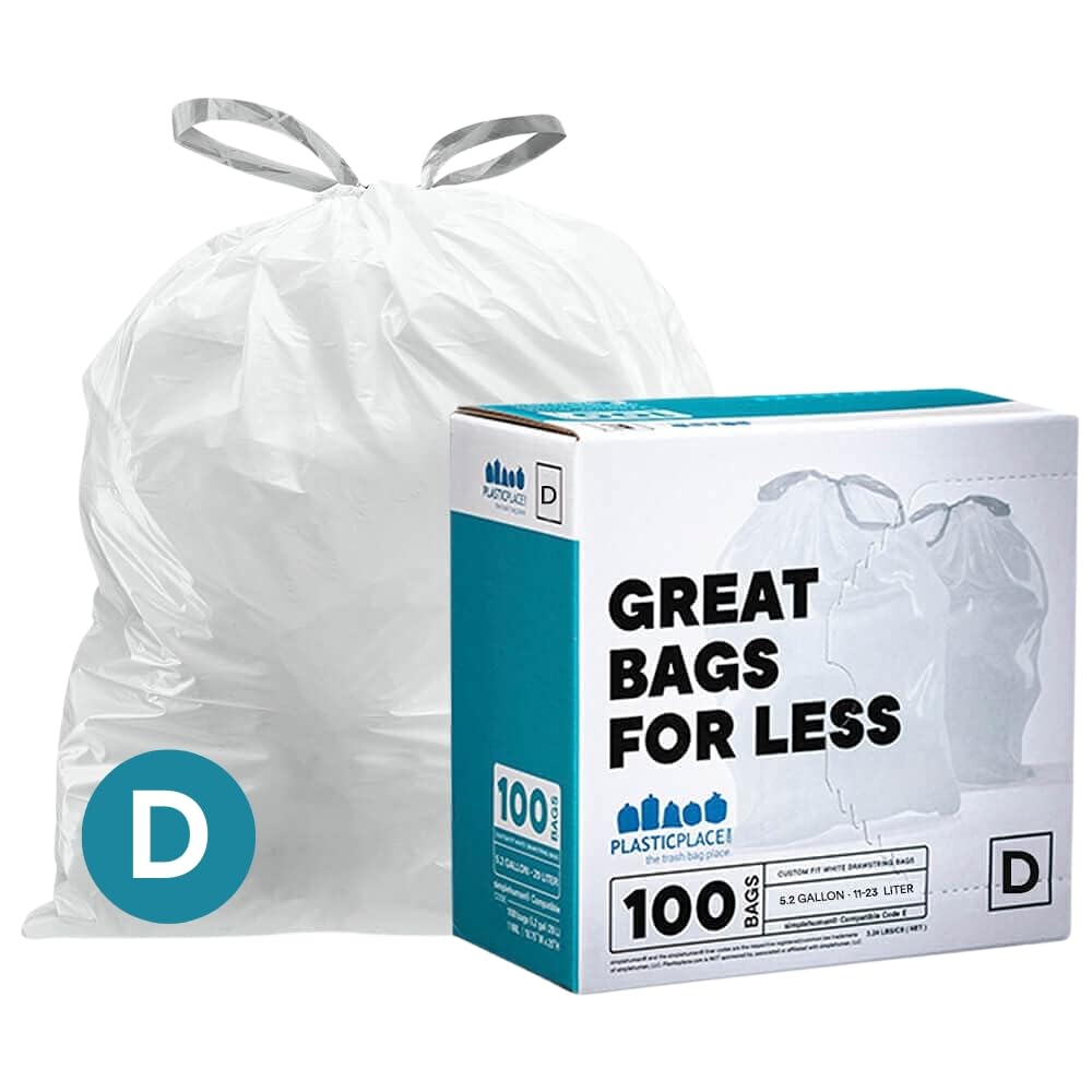 PlasticplaceCustom Fit Trash Bags, Compatible with simplehuman Code D White Drawstring Garbage Liners 5.3 Gallon / 20 Liter, 15.75" x 28", 100 Count ( Pack of 1)