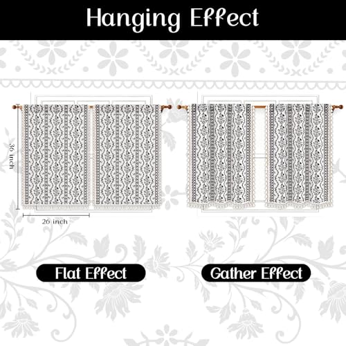 Image of Yinhua Boho Kitchen Curtains 36 Inch Length Vintage Linen Cafe Curtains Light Filtering Bohemian Floral Tier Rod Pocket Farmhouse Rustic Tassel Small Drapes with Tiebacks, 2 Panels, White Black