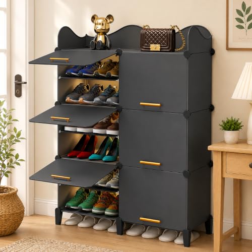 Image of Sunderlook Shoe Rack Plastic for Home- Shoe Stand, Chappal Stand, Professional Multipurpose Foldable Standing Comfort Runner Shoe Rack with Door, Slipper Stand (Charcoal Grey, 12 Shelf 6 Door)