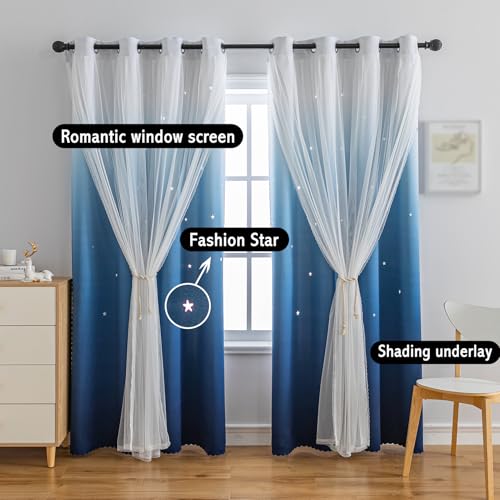 Image of Double Layer Dreamy Star Blackout Curtain 1 Panel W52 x L95,Dark Blue | Princess Style Window Drapes for Kids Room Elegant Decor for Daughter Bedroom Living Room Soft Fabric Design